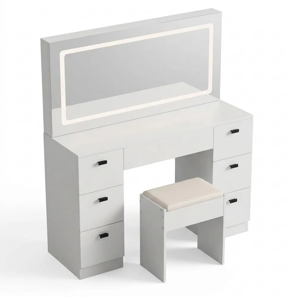 Moderner Frisiertisch mit LED und Spiegel, einstellbare Helligkeit, 7 Schubladen, inklusive Hocker
