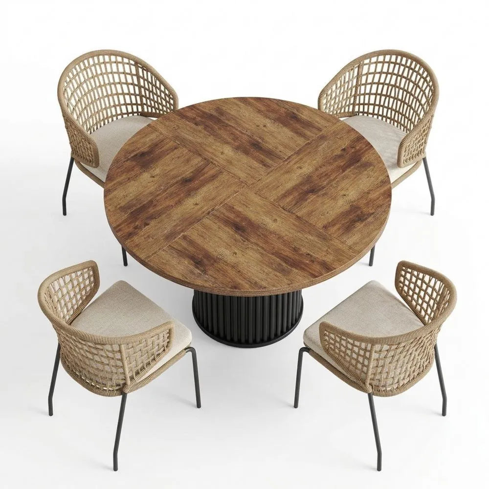 Runder Holztisch 120 cm für Wohnzimmer, industrieller Stil, braun-schwarz