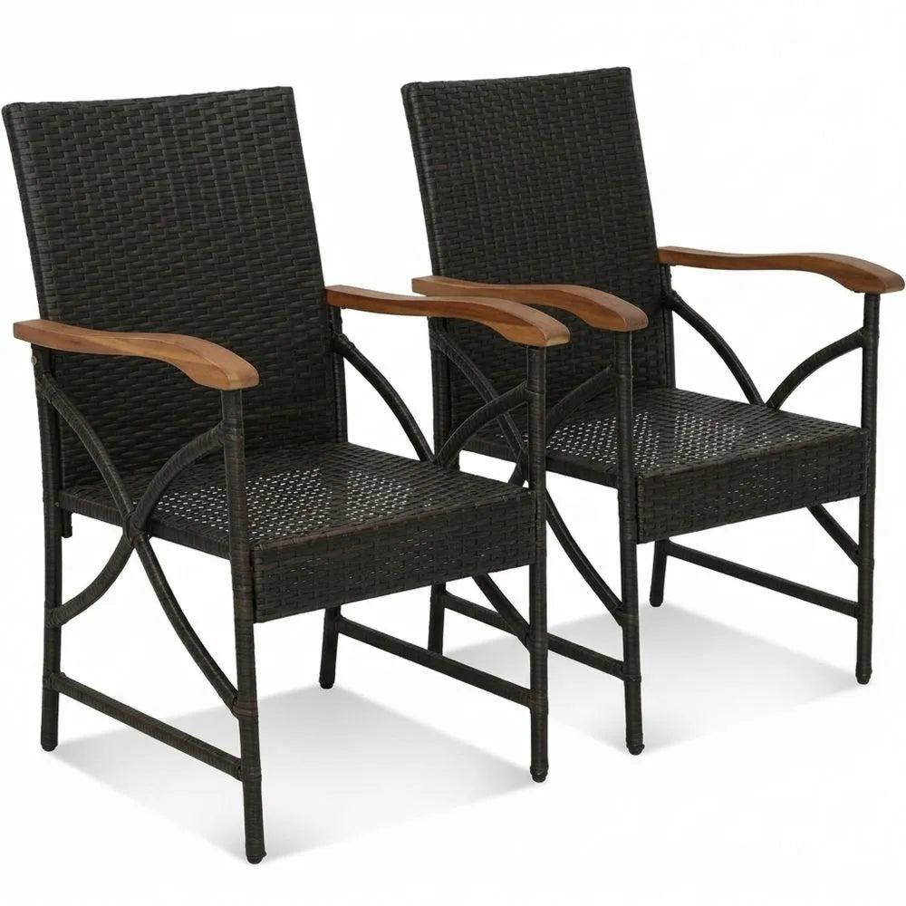 Rattanstuhl-Set mit Holzarmlehnen und Abnehmbarem Kissen, Belastbar bis 180 kg für Garten oder Balkon