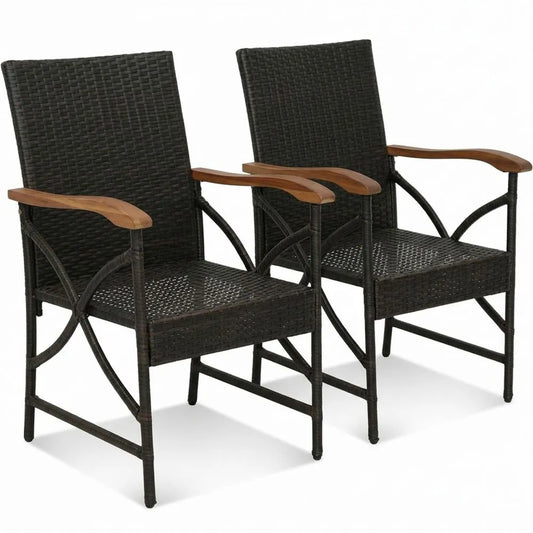 Rattanstuhl-Set mit Holzarmlehnen und Abnehmbarem Kissen, Belastbar bis 180 kg für Garten oder Balkon